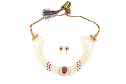 Pearls yellowish Red stone necklace and earrings set