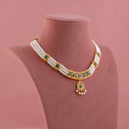 Green CZs Pearls Necklace set in yellow polish