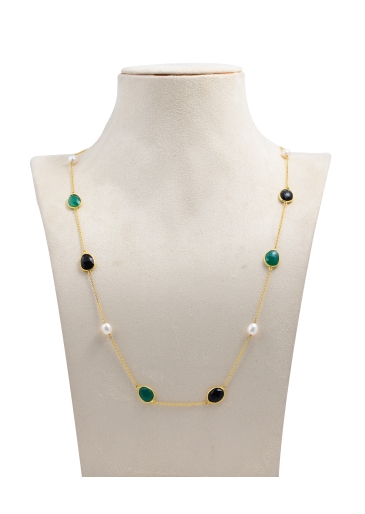 Multi stone Pearls Necklace chain in yellow gold polish