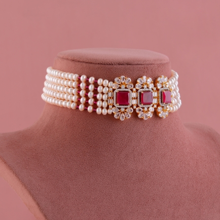 Red & White Czs  Pearls Choker Necklace tinted in yellow gold