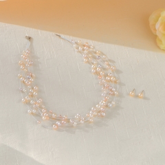 White and Pink Colour Pearl String with Ear Studs