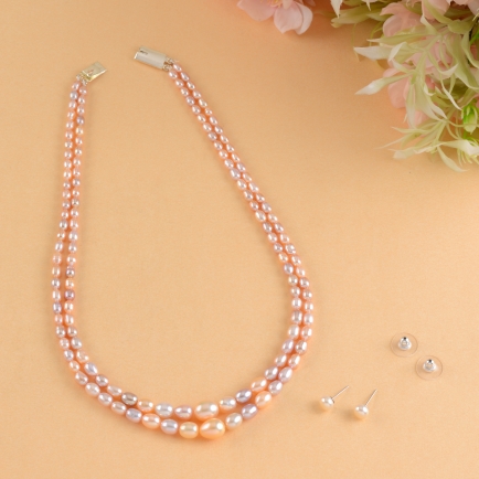 Double Line Multi Shade Pearl Necklace Set