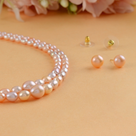 Two Line Pearl Necklace and Stud