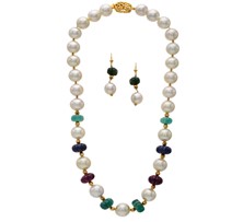 Pearl Pebble Set With Ruby & Emerald