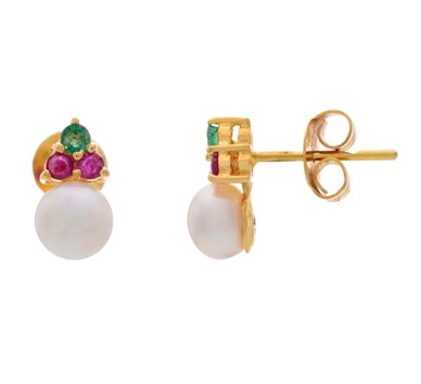Emerald+Ruby Gold Pearl Studs | GTPS292P