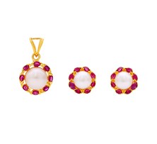 Pearl & Ruby Flower Stud Earrings & Pendant