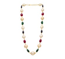 Ruby, Emerald & Pearl Beaded Necklace with Blue Sapphire