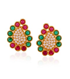 Red and Green CZ stones,Pearl Earstuds tinted in yellow gold