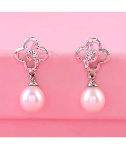 White CZ stones,Drop Pearls Earrings in Silver